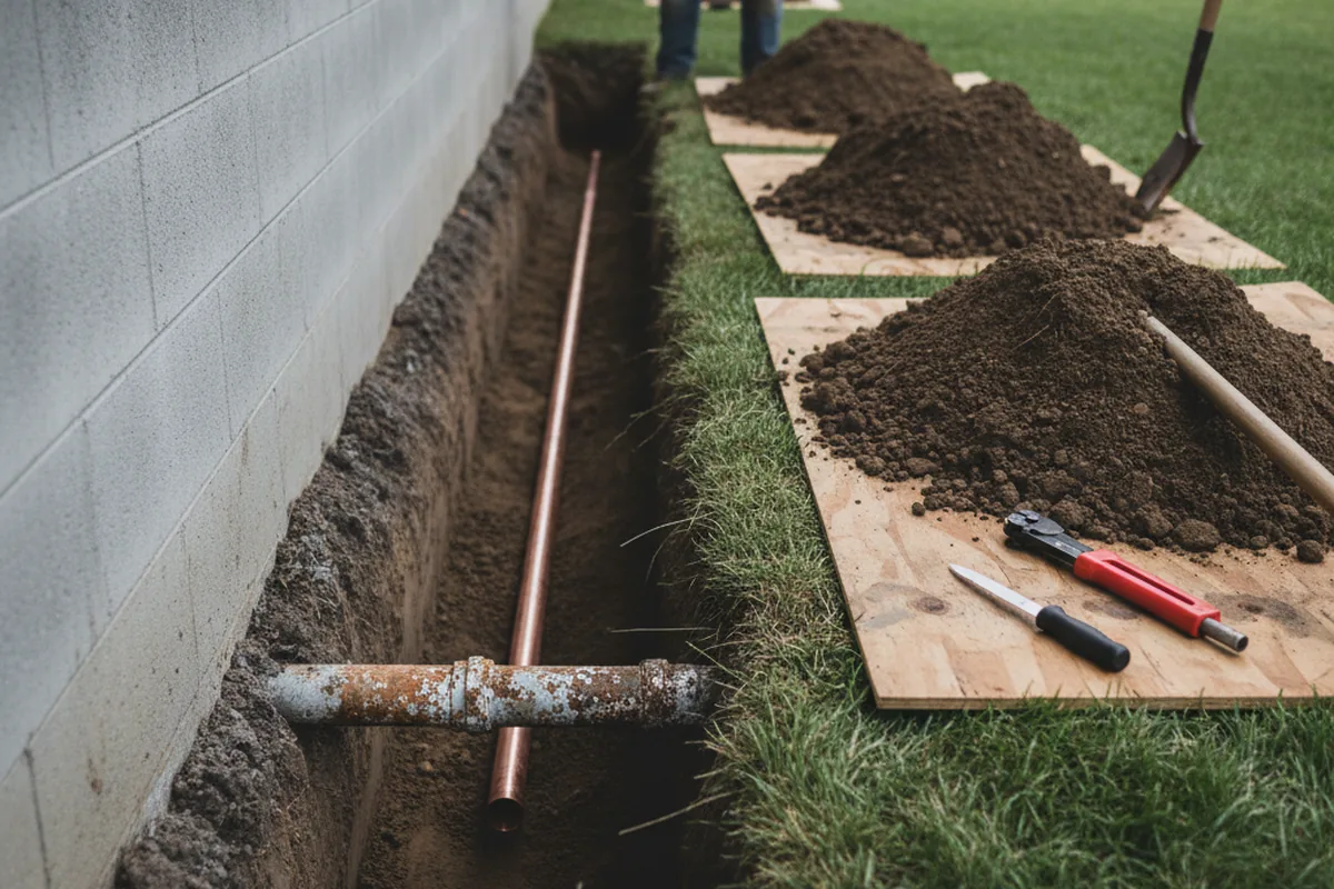 Excavated water line trench during Water Heater Repair in Saint Louisville